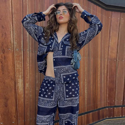 Women's Bandana Print Two Piece Set Boho Long Sleeve Shirt & Wide Leg Pants Matching Outfits for Beach Vacation Streetwear 2026