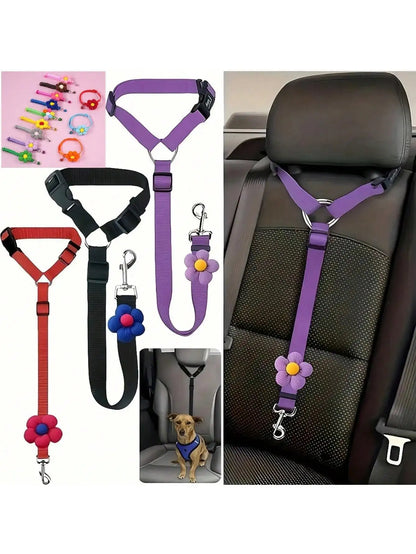 Solid Color Two-in-one Pet Car Seat Belt Nylon Lead Leash Backseat Safety Belt Adjustable Dogs Harness Collar Pet Accessories