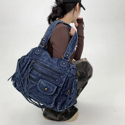 Y2K Street Personalized Women's Multi Pocket Shoulder Bag Large Capacity Retro Motorcycle Tote Bag