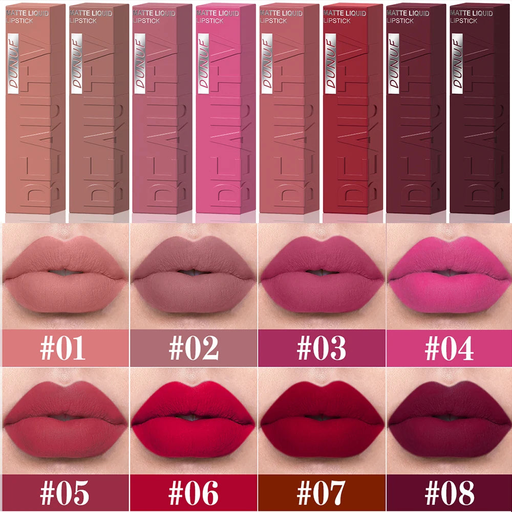 DUNUF  8-color matte velvet smooth easy-to-apply square tube lip gloss waterproof three-dimensional plumping lipstick