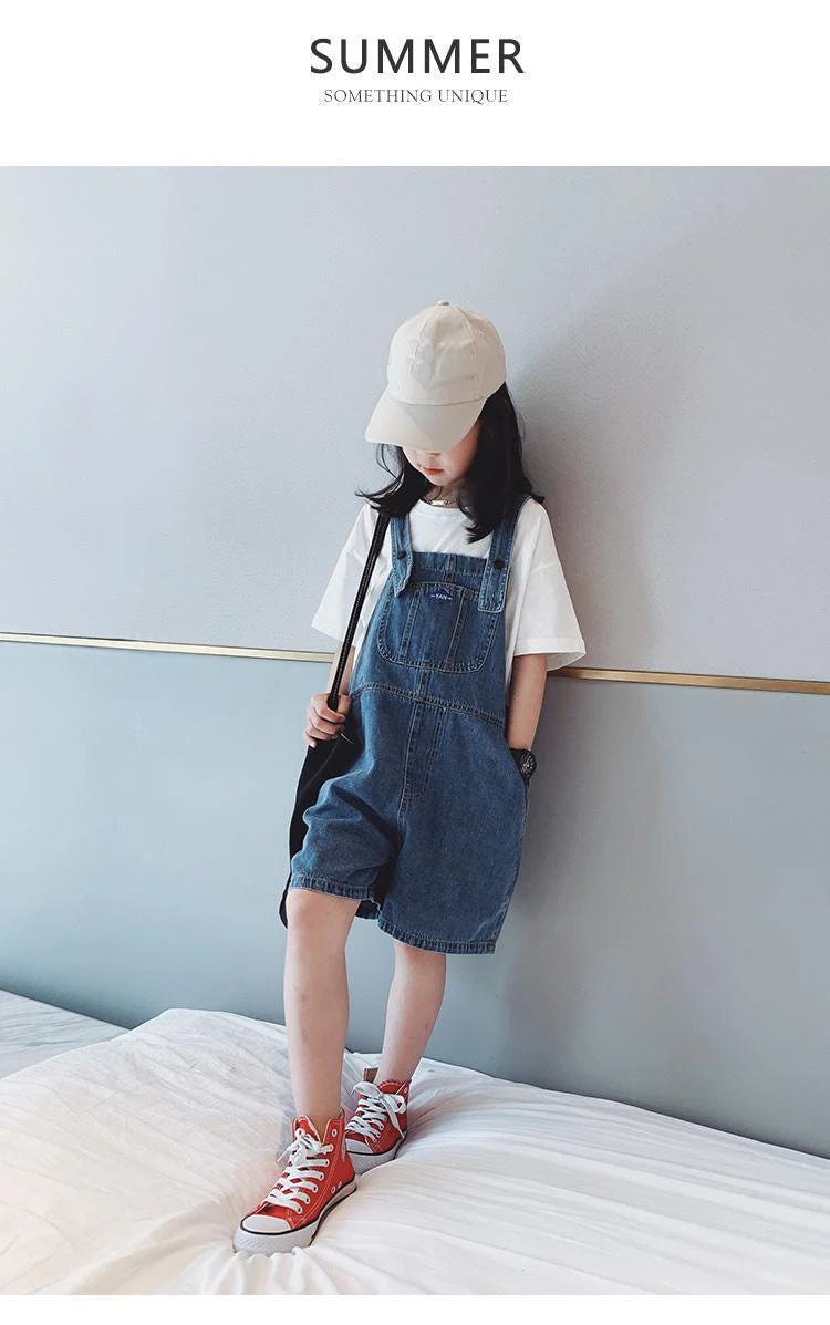 Girls' Fashionable Denim Overalls Medium Big Children's Casual Loose Denim Shorts Korean Style Baby Girl's Denim Overalls Shorts