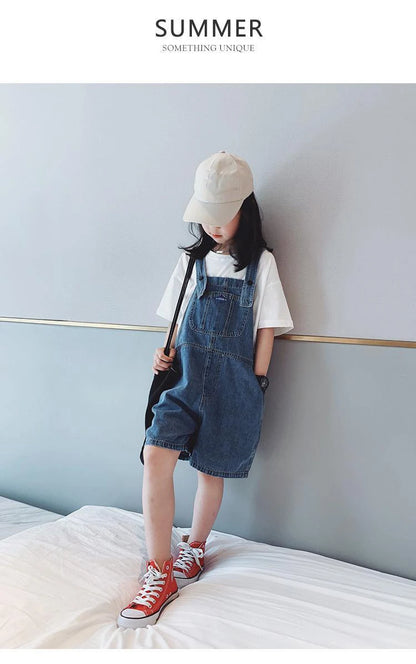 Girls' Fashionable Denim Overalls Medium Big Children's Casual Loose Denim Shorts Korean Style Baby Girl's Denim Overalls Shorts