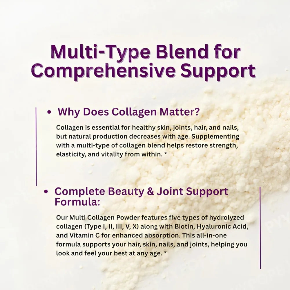 Multi Collagen Protein Powder 1 Pounds Type I II III V X with Biotin 10000mcg Hyaluronic Acid Vitamin C Unflavored Keto Paleo