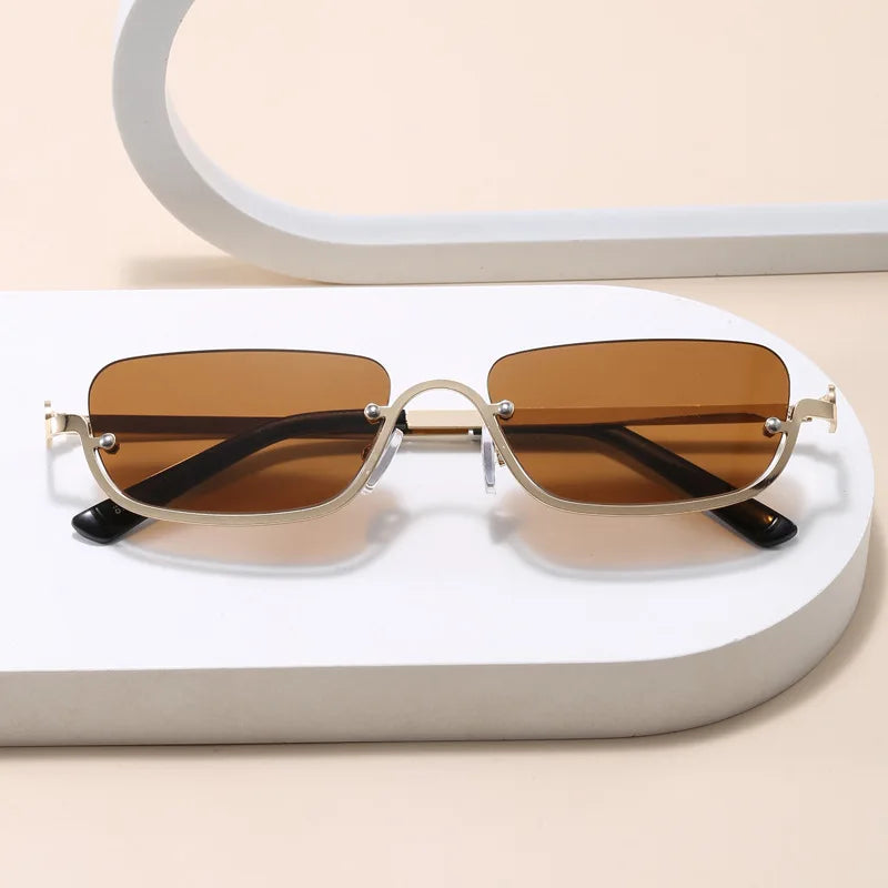 Luxury Brand Designer Half-Rim Rectangular Sunglasses Women Vintage Small Frame Sun Glasses Ladies Geometric Square Eyewear