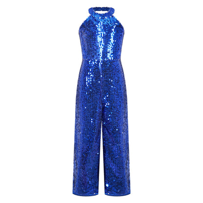 Kids Girls Jazz Dance Performance Jumpsuit Shiny Sequin Sleeveless Halter Romper Birthday Wedding Party Dancing Prom Bodysuit