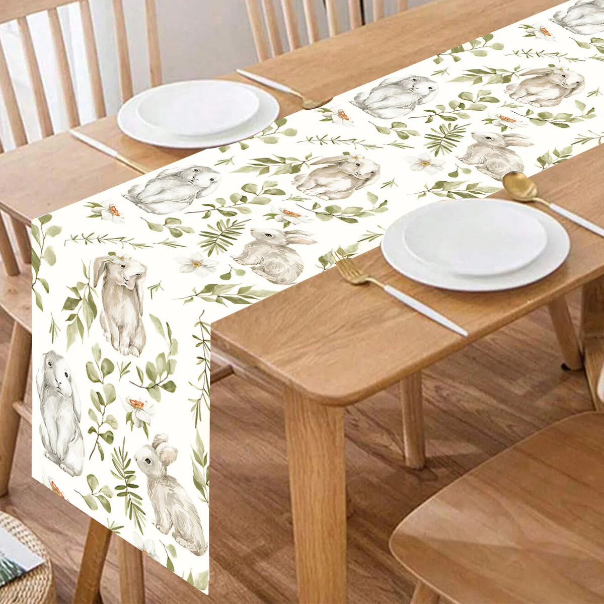 Easter Bunny Polyester Table Runner Happy Easter Decorations for Home Rabbit Butterfly Table Cloth Easter Party Supplies
