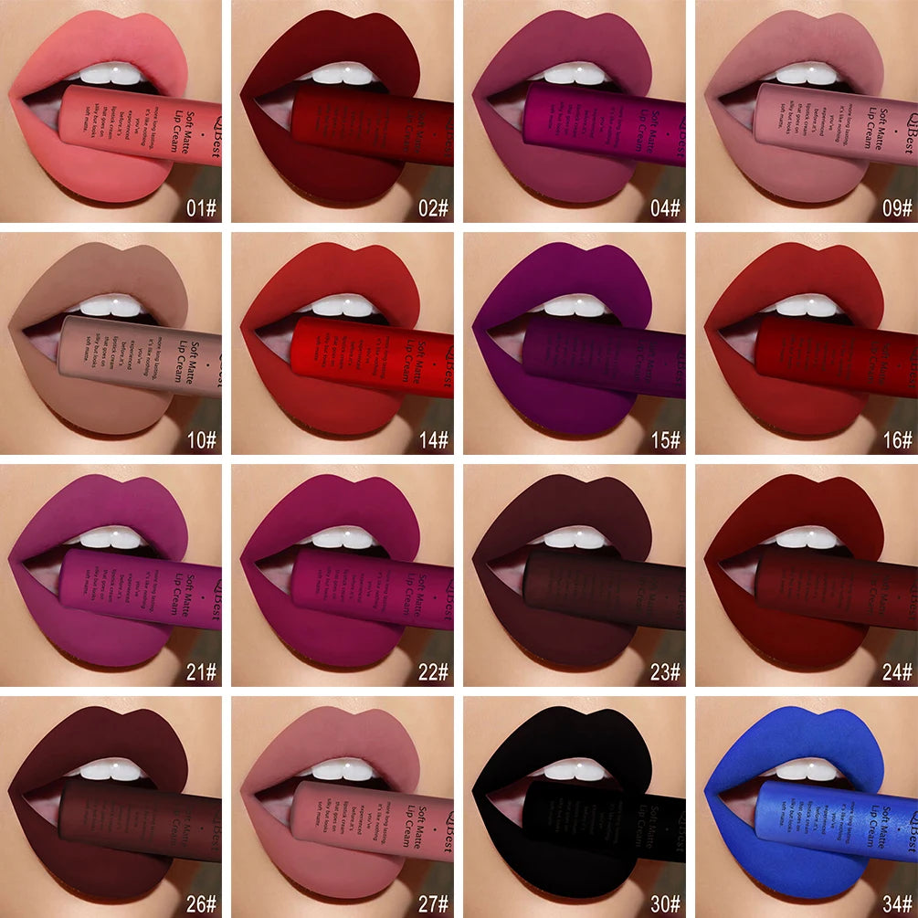 QIBEST Matte Liquid Lipstick Waterproof Lasting Velvet Lip Gloss Tint Tube Nude Pigment Red Black Purple Orange Lipsticks Makeup