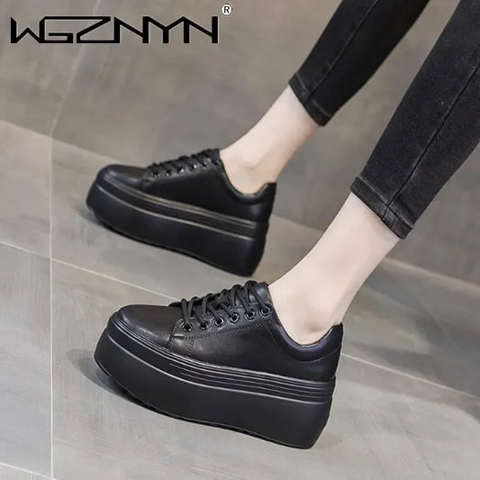 Genuine Leather Women Casual Shoes Super Thick 8cm Platform Wedge Fashion Sneakers Chunky Spring Autumn Flats Zapados Mujer