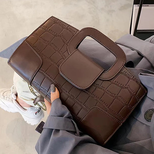 New Crocodile Grain PU Leather Handbag for Women Vintage Large Capacity Evening Bag Simple Elegant Party Clutch Bag Shoulder