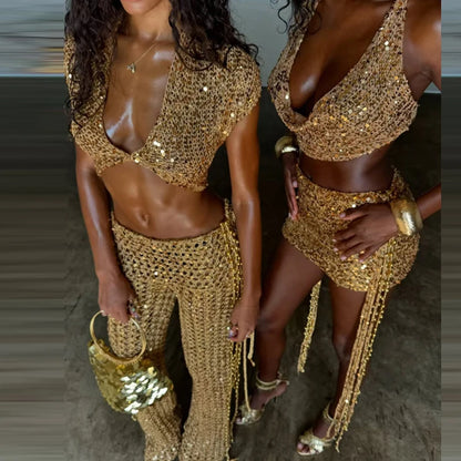 Women Fashion Sequined Party Set Casual Short Sleeve Tassel Mini Skirt 2Pc Suits 2026 Elegant V-neck Crop Top with Skirt Outfits