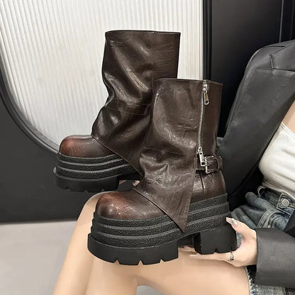 NEW Women's Leather Ankle Boots 10CM Heels Chunky Platform Combat Boots Non Slip Motorcycle Shoes Woman Punk Boots