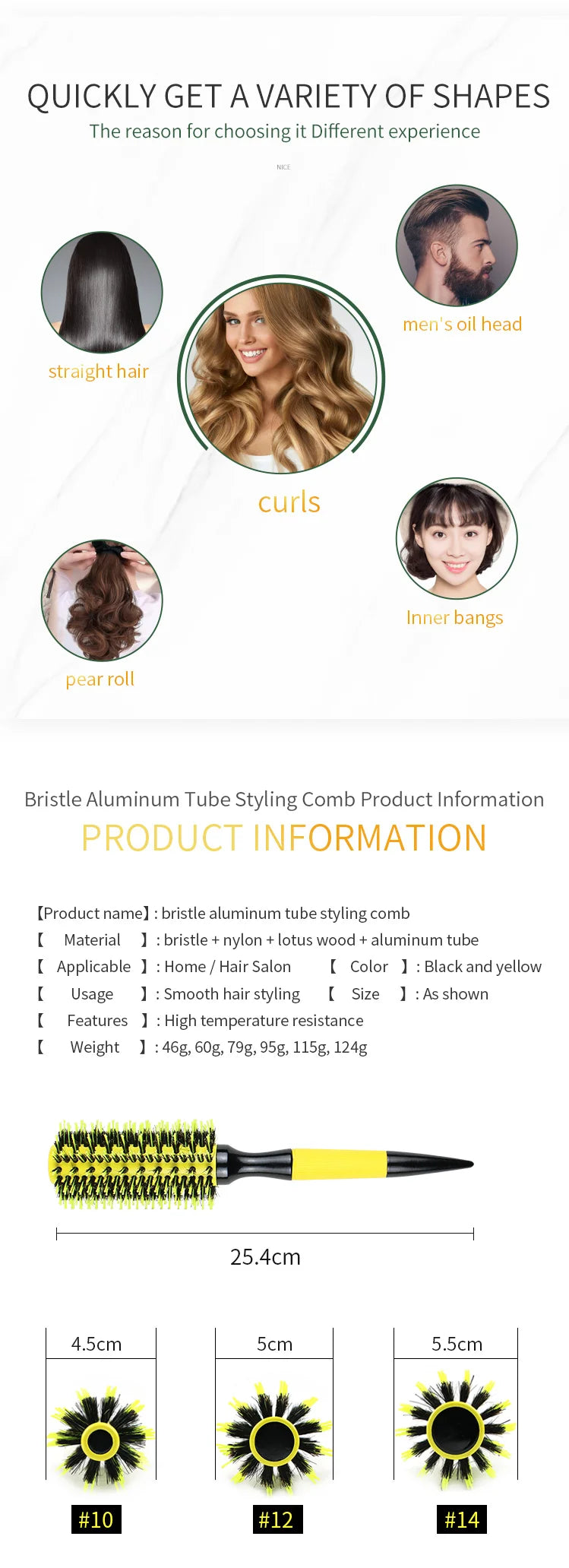 Professional  Round Wooden Hair Brush 6 Sizes Boar Bristle Mix Nylon Salon Women Hair Styling Tools Yellow Brazil Hair Curlerl