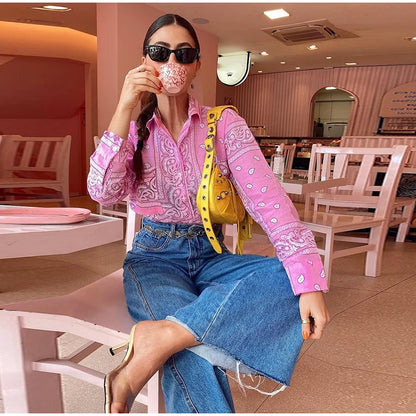 Women's Bandana Print Two Piece Set Boho Long Sleeve Shirt & Wide Leg Pants Matching Outfits for Beach Vacation Streetwear 2026