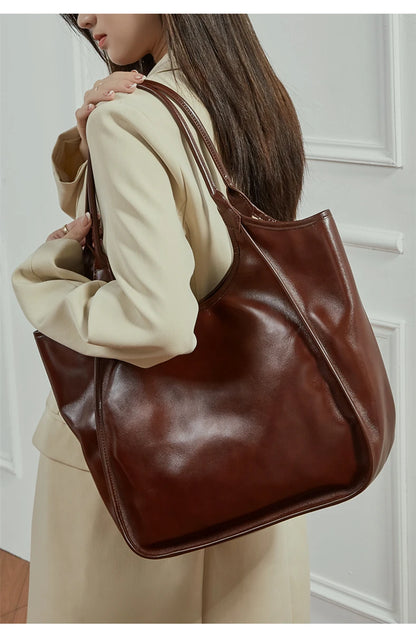 Hifashion Cowhide Genuine Leather Large Tote Shoulder Bags For Women 2026 Luxury Designer Bucket Shopper Office Ladies Handbags