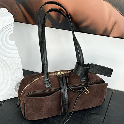 Women's Cow Genuine Leather Tote Bag suede commuting Cowhide Handbags Large Capacity Designer Luxury velvet Bags
