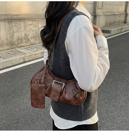 Shoulder Bags Y2K Retro Style Shoulder Bag, Maillard Pleated Rivet Armpit Bag, Fashionable Ladies Cool Leather Shoulder Bag