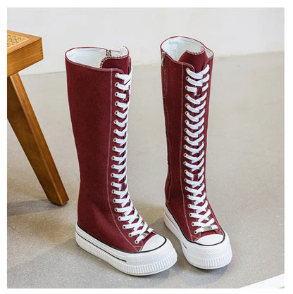 NEW Luxury Platform Boots Women Canvas Casual High Top Shoes Long Boot Lace-Up Zipper Comfortable Flat Sneakers Tenis Feminino