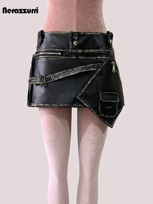 Mauroicardi Summer Cool Distressed Black Faux Leather Mini Asymmetrical Skirt Woman High Waist Short Luxury Designer Emo Clothes