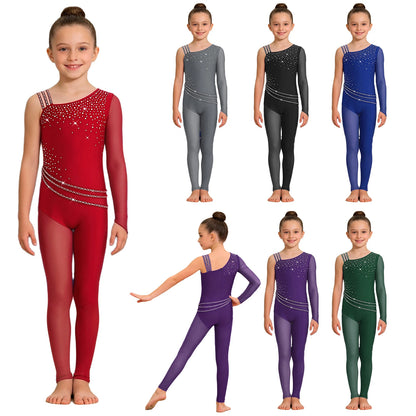 Kids Girls Ballet Dance Gymnastics Leotard Shiny Rhinestones Mesh Asymmetrical Jumpsuit for Figure Skating Acrobatic Performance