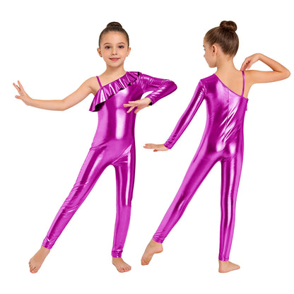 Kids Girls Metallic Shiny Ballet Dance Unitards Figure Skating Acrobatics Gymnastics Leotard One Shoulder Long Sleeve Jumpsuit