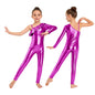 Kids Girls Metallic Shiny Ballet Dance Unitards Figure Skating Acrobatics Gymnastics Leotard One Shoulder Long Sleeve Jumpsuit