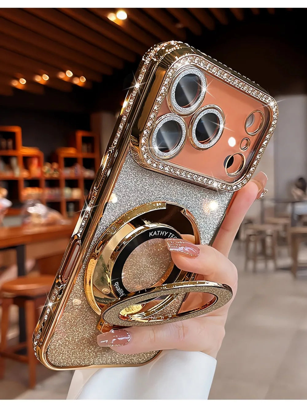 Suitable for iPhone17/16/15/14/13/12/11 Case With Lens Film 16 Anti-drop 15 Rhinestone Glitter Magnetic Stand