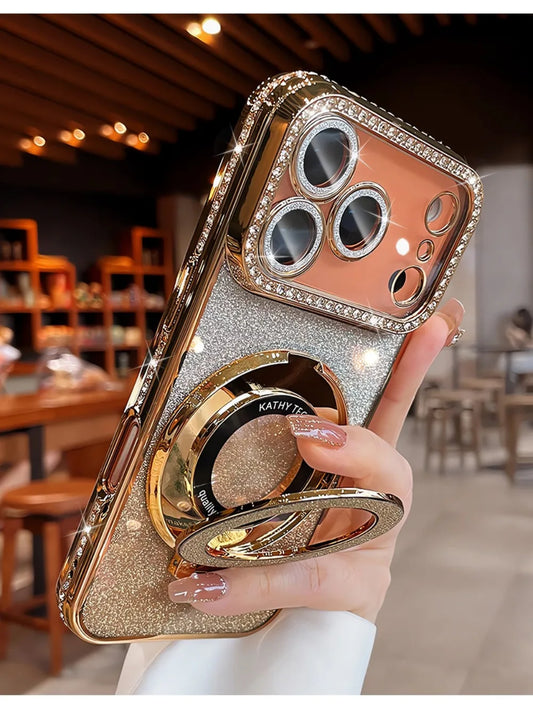 Suitable for iPhone17/16/15/14/13/12/11 Case With Lens Film 16 Anti-drop 15 Rhinestone Glitter Magnetic Stand