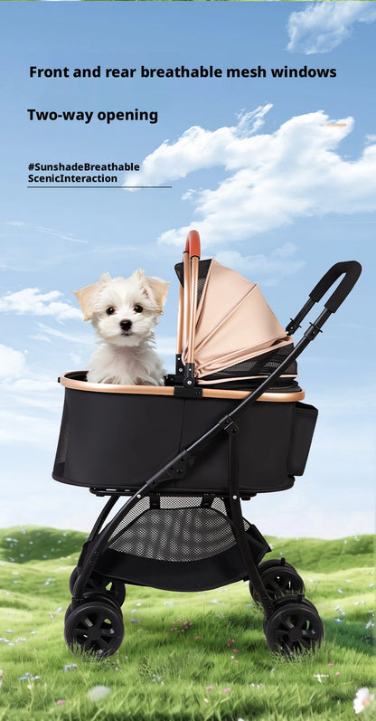 Pet Stroller 2-in-1 Detachable with Removable Lightweight Carrier Basket One-Click Fold 4-Wheel Dog Cat Trolley Breathable Mesh Windows Large Storage Space for Small Medium Pets