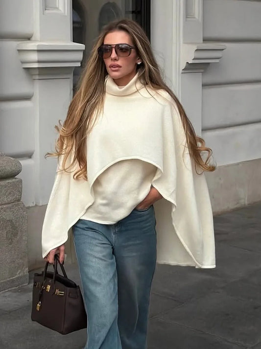 LIinar Loose Round-Neck Asymmetrical Cape-Style Shawl 2026 Fall Winter New Solid-Color Knit Sweater Cape for Women