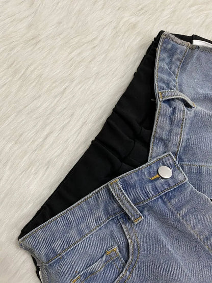 Customized Fashion Women Denim Patchwork Pocket Side Wide Leg Loose Jogger Pants Active Jean Splicing Sweatpants Trousers