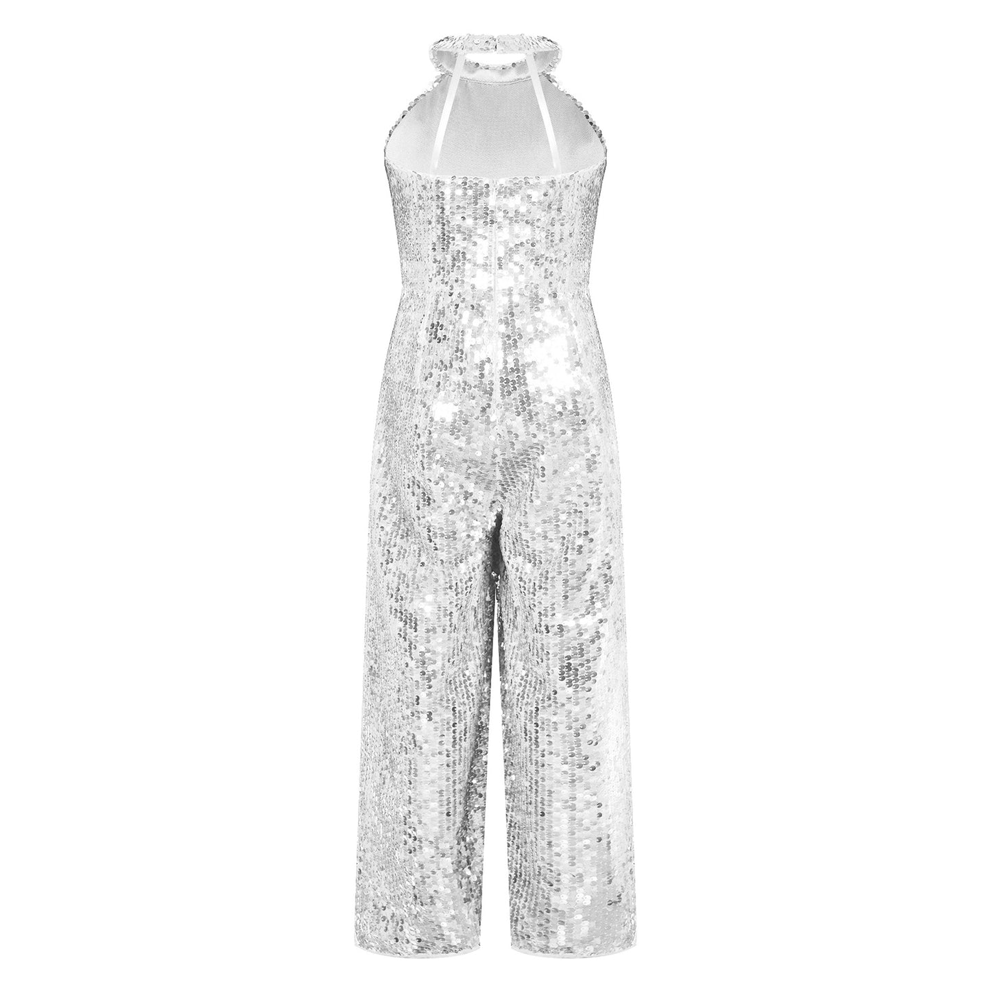 Kids Girls Jazz Dance Performance Jumpsuit Shiny Sequin Sleeveless Halter Romper Birthday Wedding Party Dancing Prom Bodysuit