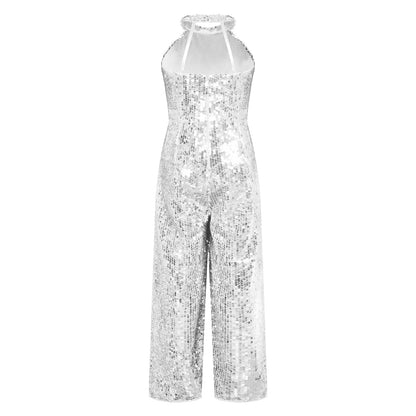 Kids Girls Jazz Dance Performance Jumpsuit Shiny Sequin Sleeveless Halter Romper Birthday Wedding Party Dancing Prom Bodysuit