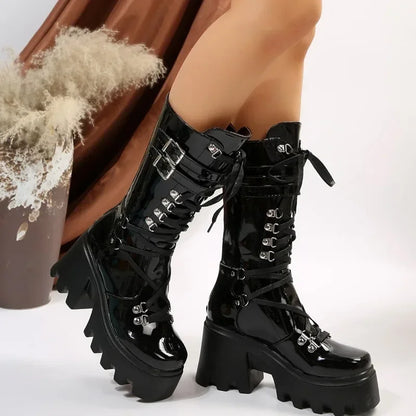 New Women's Fashion Mid Tube Boots Lace Up High Platform Wedge Boots New Women's Fashion Solid Color Boots