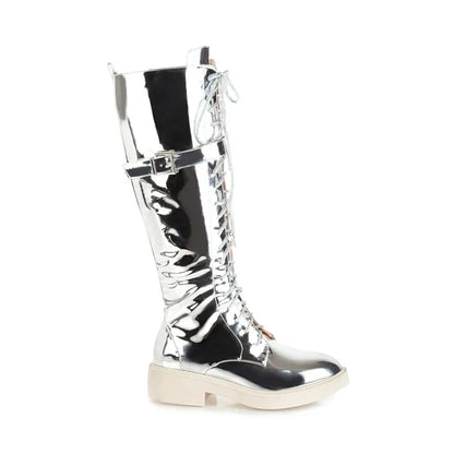 NASBAVI New Women's Long Boots Women Autumn Round Toe Flat Bottes Woman Knee High Low Heel Casual PU Leather Winter Female Shoes