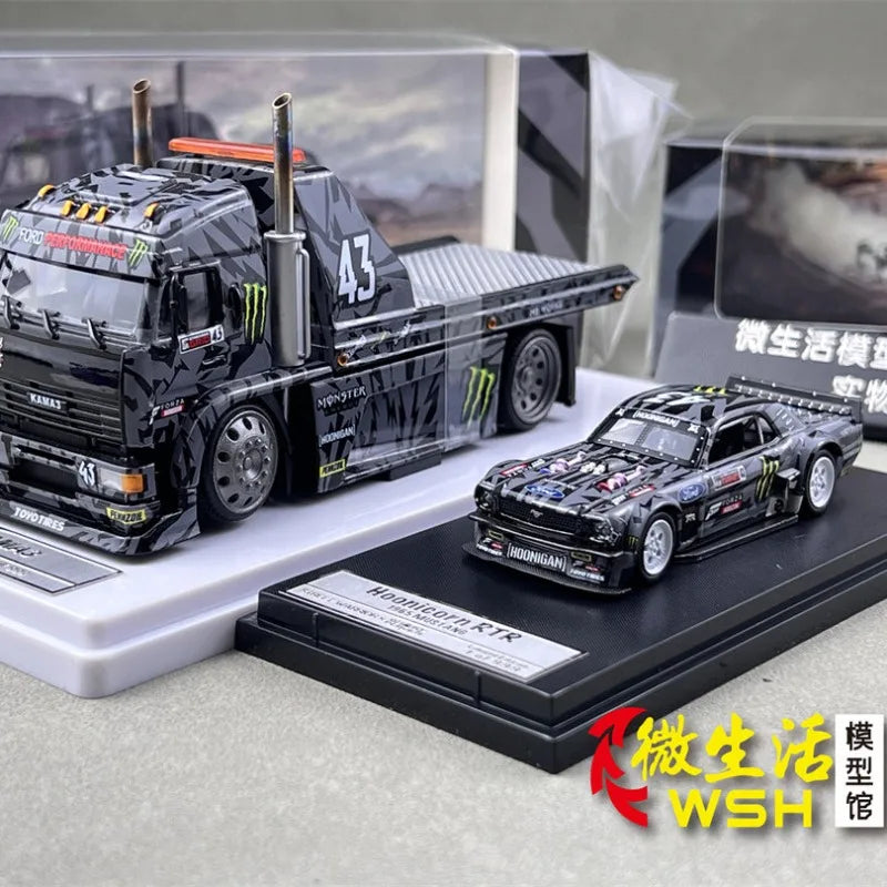 SW 1:64 Ford Mustang Hoonicorn RTR KamaZ Modified Trailer Simulation Static Alloy Car Model Gift Toy.