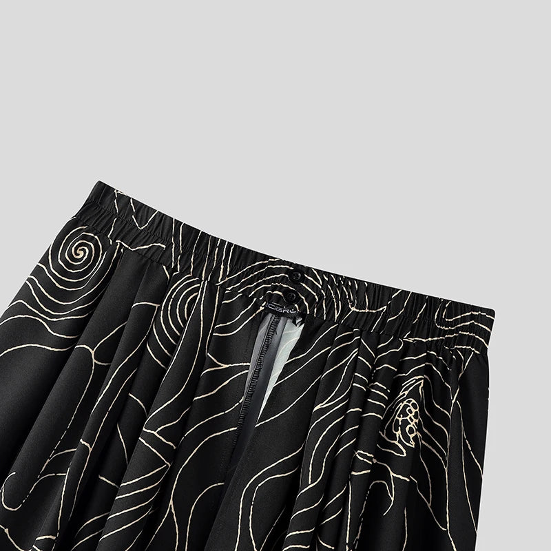 INCERUN Men Irregular Skirts Printing Elastic Waist Joggers Casual Wide Leg Trousers Men Streetwear Baggy 2026 Fashion Male Bott