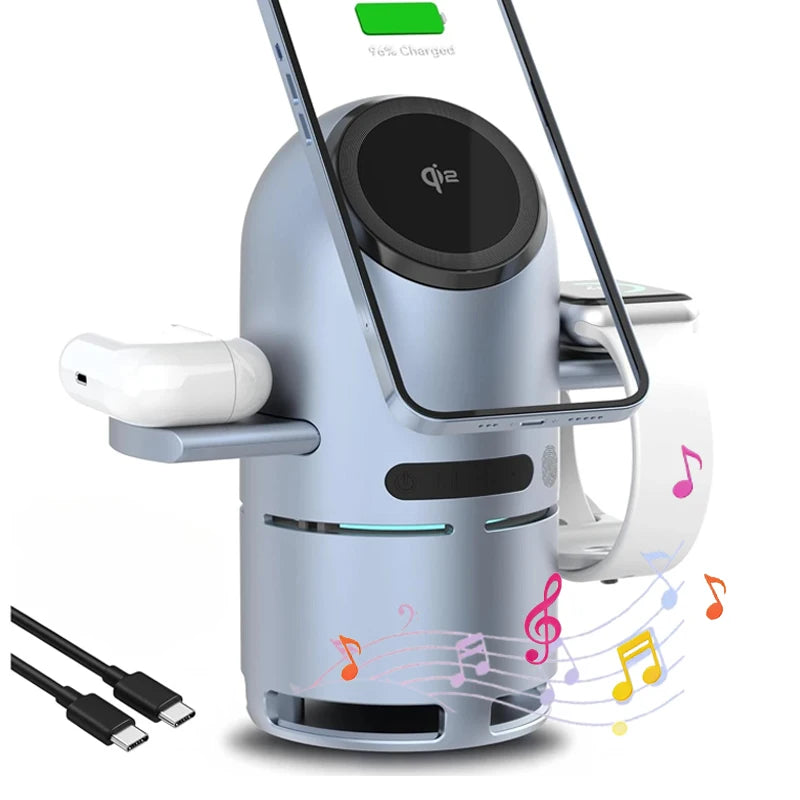 Bluetooth Speaker Magnetic Wireless Charger Station with Auto-Rotating for iPhone 17 16 15 14 13 12 Pro Max Apple Watch AirPods