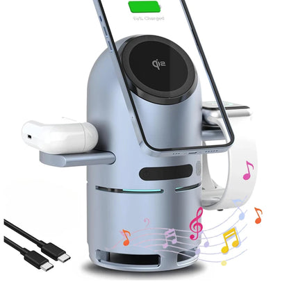 Bluetooth Speaker Magnetic Wireless Charger Station with Auto-Rotating for iPhone 17 16 15 14 13 12 Pro Max Apple Watch AirPods