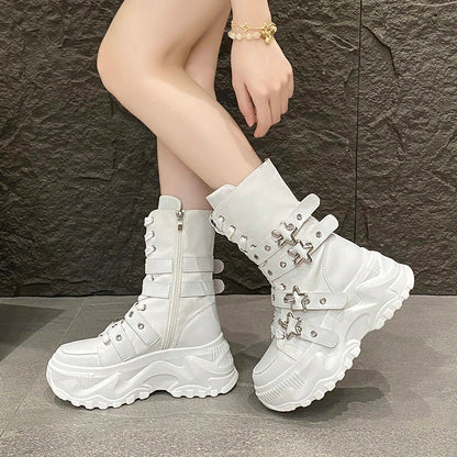 New Rock Platform Y2K Boots Women Summer 2026 Gothic Metal Star Belt Buckle Thick Sole Mid Calf Boots Woman Designer Punk Shoes