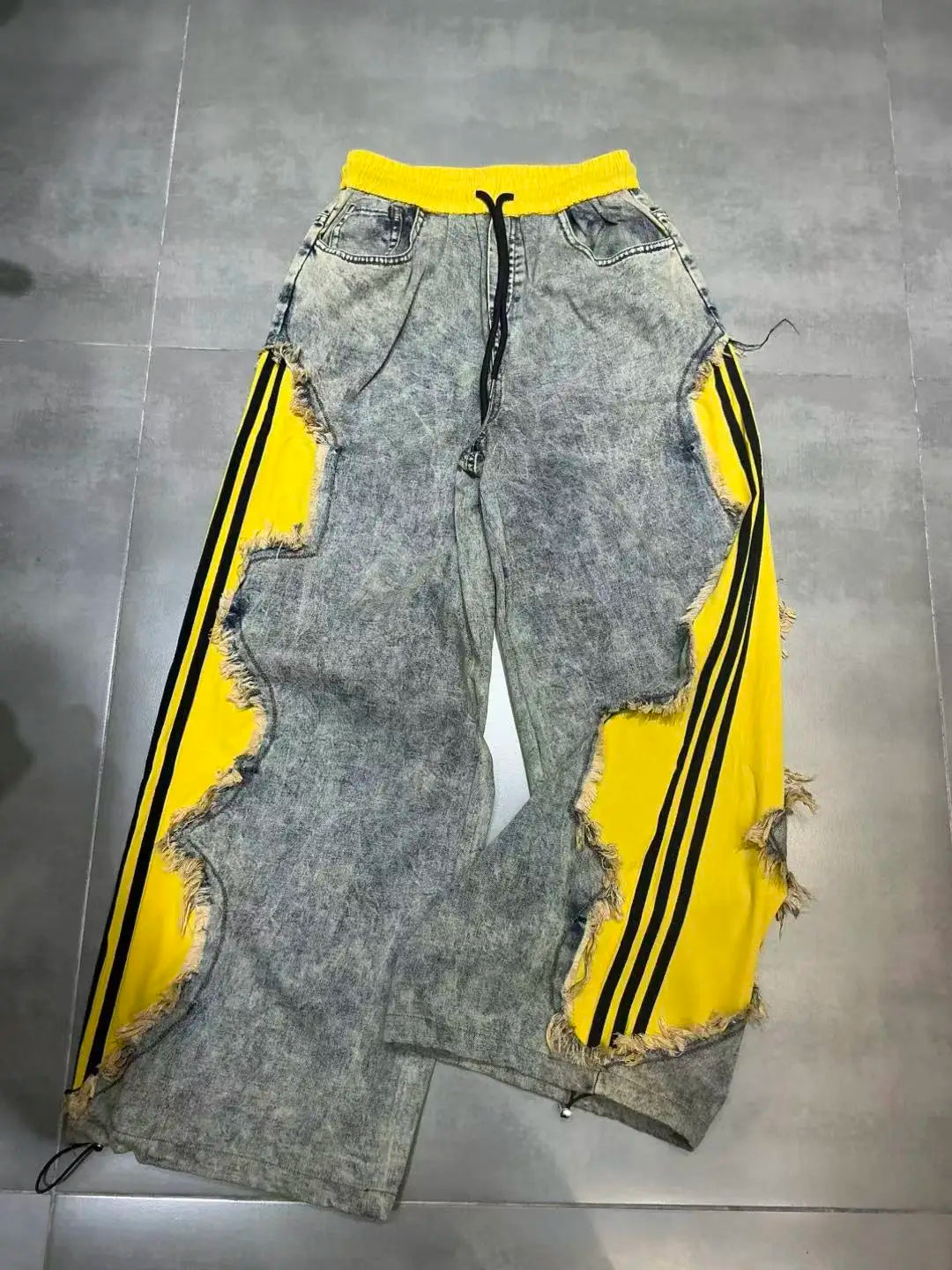 Trendy Drawstring Casual Women's Jeans Spring Summer New Style Side Color Block Striped Washed Grey Pants Natural Waist Denim