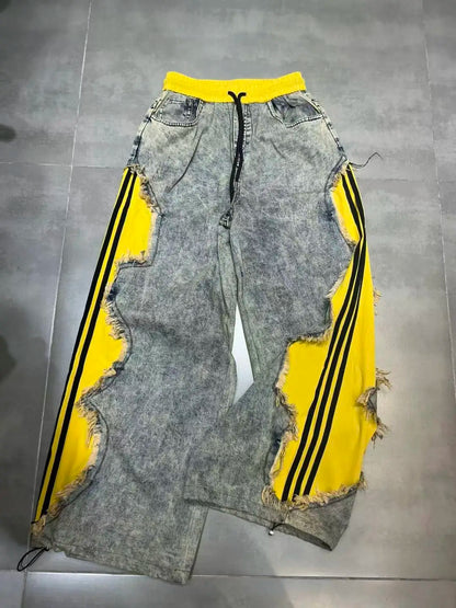 Trendy Drawstring Casual Women's Jeans Spring Summer New Style Side Color Block Striped Washed Grey Pants Natural Waist Denim