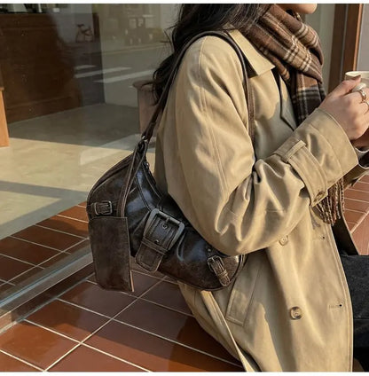 Shoulder Bags Y2K Retro Style Shoulder Bag, Maillard Pleated Rivet Armpit Bag, Fashionable Ladies Cool Leather Shoulder Bag