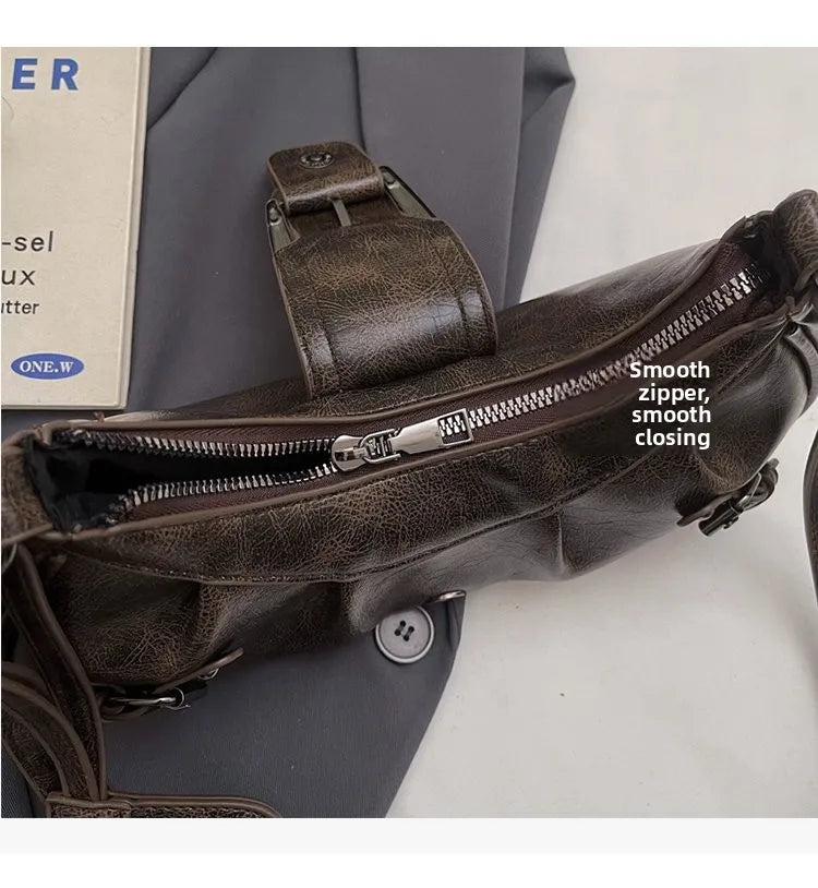 Shoulder Bags Y2K Retro Style Shoulder Bag, Maillard Pleated Rivet Armpit Bag, Fashionable Ladies Cool Leather Shoulder Bag