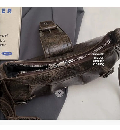 Shoulder Bags Y2K Retro Style Shoulder Bag, Maillard Pleated Rivet Armpit Bag, Fashionable Ladies Cool Leather Shoulder Bag