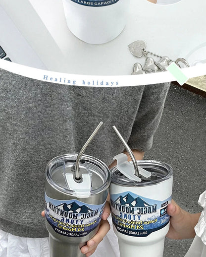 Magic Stainless Steel Freeze Thermos Cup with Straw Ice Coffee Drink Vacuum Insulated Bottle Car Travel Outdoor Mountain Cup