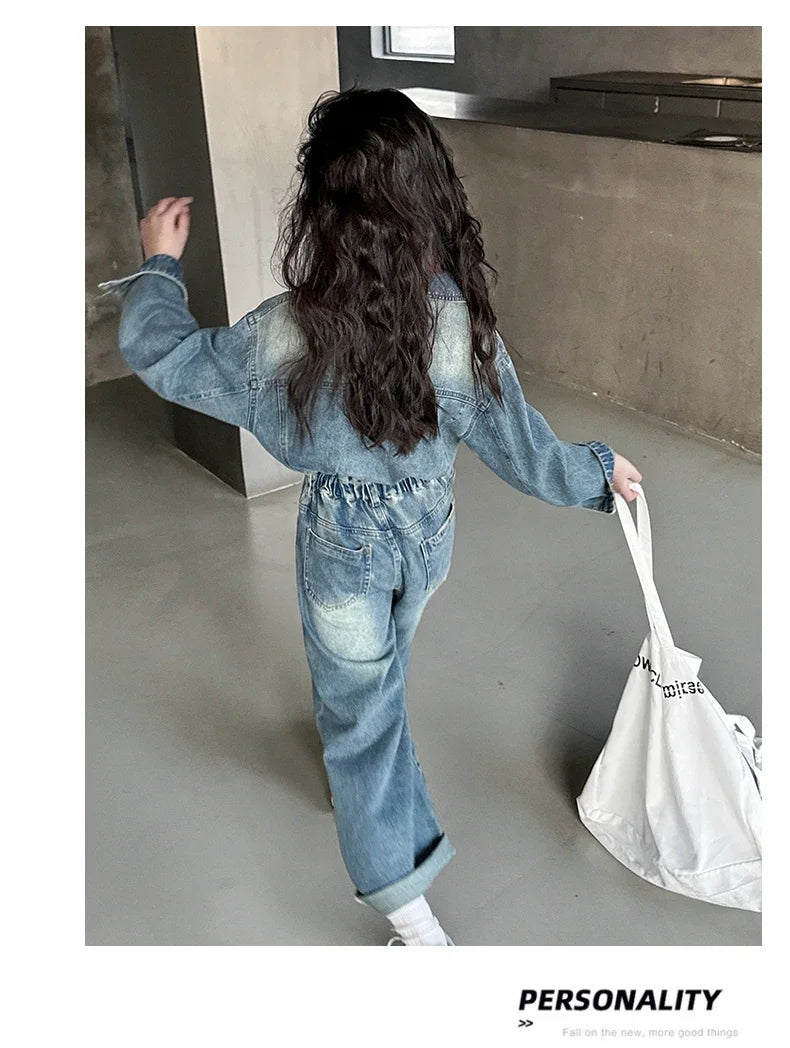 2025 Spring teen Kids girl Denim Jumpsuits Long Sleeve Overalls Children Fashion Jeans Loose Trousers Korean junior Girls Outfit