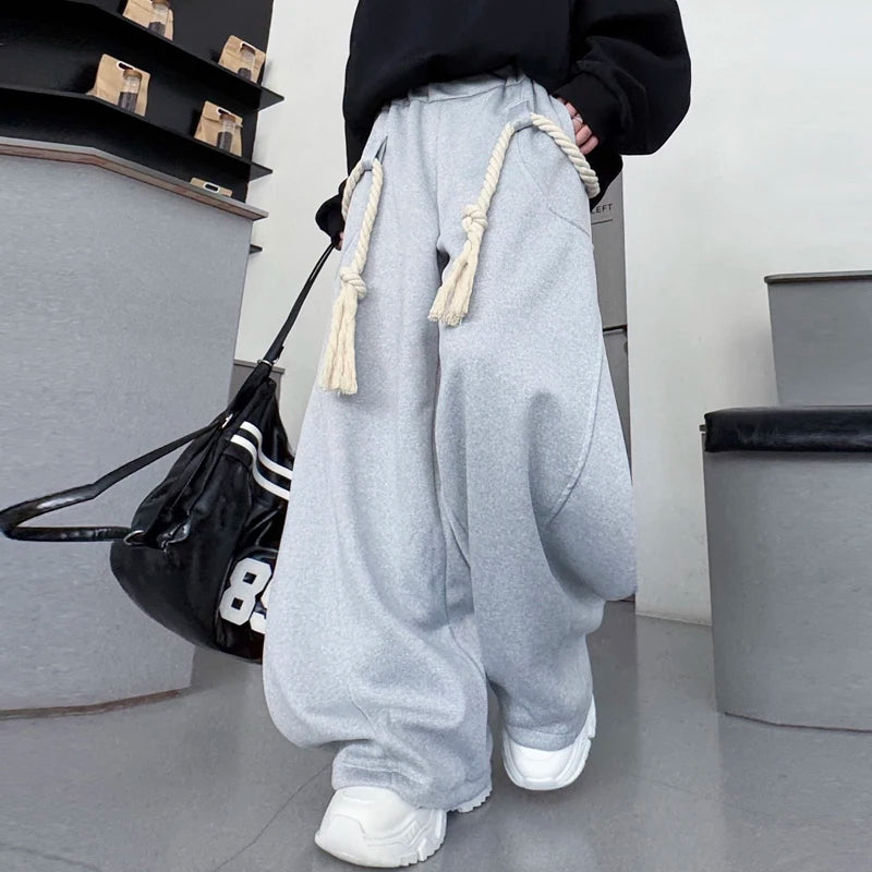 IEFB Handmade Thick Rope Design Men Women Casual Pants Solid Color Elastic Waist Sweatpants Wide Leg Male Curved Knife Trousers 9X654