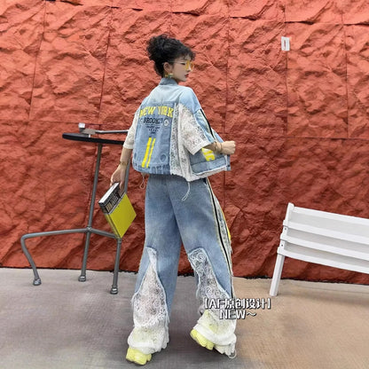 Trendy Summer Women Two-piece Set Colorblock Lace Splicing Denim Short Sleeve Shirt Top Elastic High Waist Wide Leg Casual Jeans