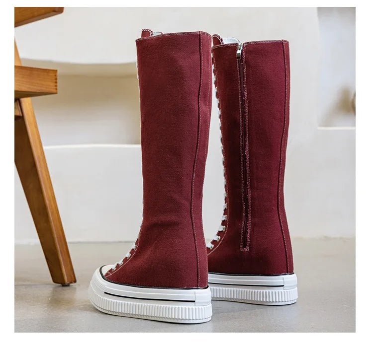 NEW Luxury Platform Boots Women Canvas Casual High Top Shoes Long Boot Lace-Up Zipper Comfortable Flat Sneakers Tenis Feminino