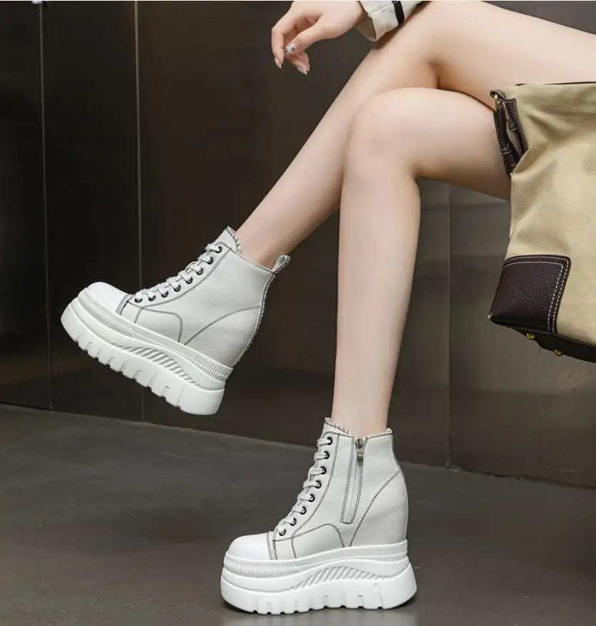 High Top (12CM) Women's Sneakers Casual Leather Lace up Boots Sneakers For Woman Spring Autumn Shoes High Heels Sneaker Shoes